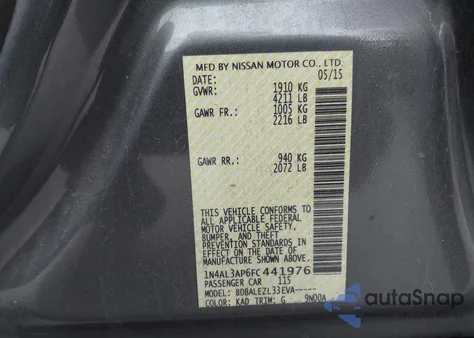 2015 Nissan Altima 2.5/2.5 S/2.5 Sl/2.5 Sv z USA, uszkodzony, nr VIN 1N4AL3AP6FC441976